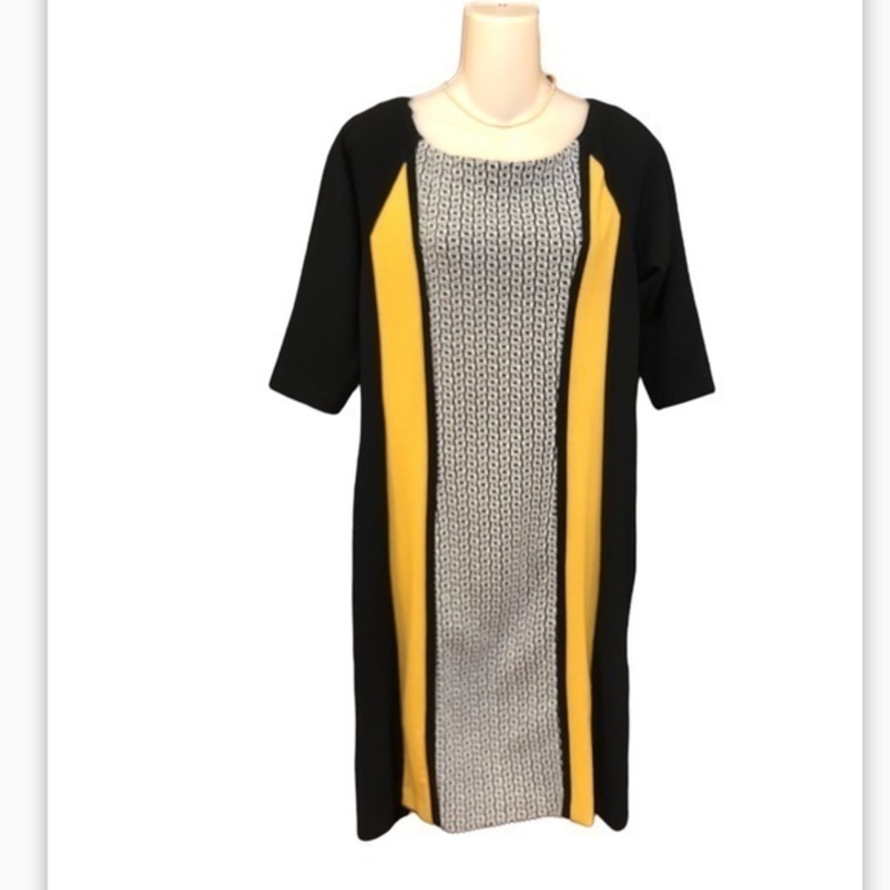 JULIAN TAYLOR Black‎ & Yellow 3/4 Sleeve Midi Dress